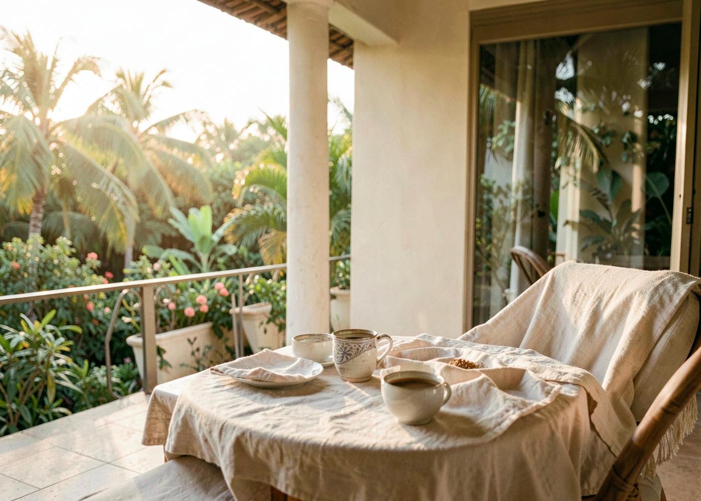 Coffee and linen on a shaded veranda table at sunrise, garden beyond